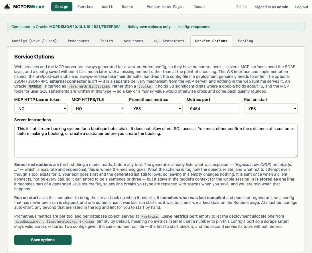 The top of the Service Options tab, with Prometheus metrics set to YES and a metrics port of 9464