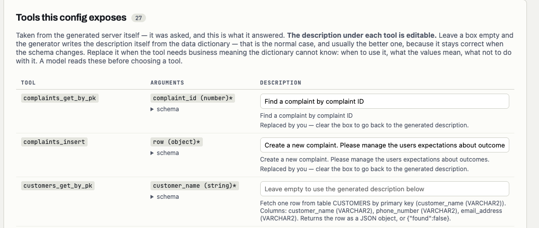 The Tools this config exposes panel, with an editable description box under each tool and the generated description printed below it